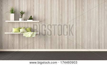 Empty Room, Shelves With Pillows And Succulent Potted Plants, Herringbone Parquet And Wooden Wall, B