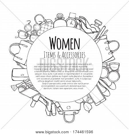 Women items and accessories. Cosmetics. Stuff perfume, lipstick, mascara, perfume, purse, handbag, shoes on high heels, eyeshadows brush watch sunglasses Hand drawn Seamless pattern Vector