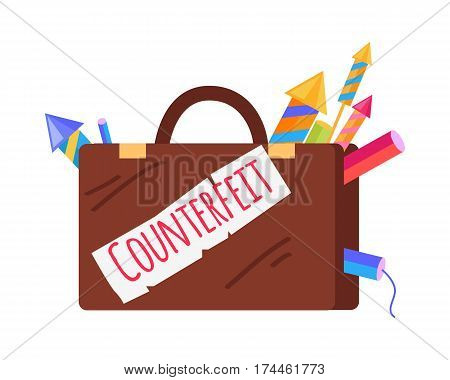 Counterfeit brown case with pyrotechnics isolated on white. Vector cartoon illustration of suitcase with inscription and peeping out bright fireworks. Dangerous elements for New Year celebration