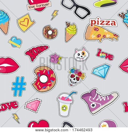 Male colourful rap cap, violet sport footwear, pizza, bitten doughnut, muzzle of cat, human skull with flower, diamond, lips, glasses, ice cream, love, cocktail, thunder sign hashtag seamless pattern