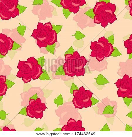 Red rose with green leaves seamless pattern. Illustration of isolated big blossoms in cartoon style walllpaper, wrapping paper. Fashion decoration endless texture. Floral embellishment. Vector