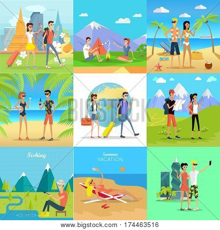 Set of people on summer vacation concepts. Man and woman characters traveling and resting in Asia, mountain meadow, seacoast, beach, river bank flat vector illustrations. For travel company ad