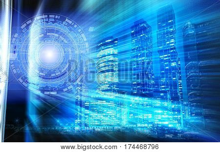 Interplay of abstract lights and skyscraper structures on the subject of modern metropolis and city life