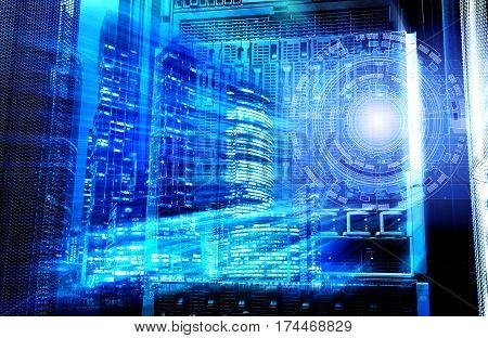 View of data technology against low angle view of skyscrapers