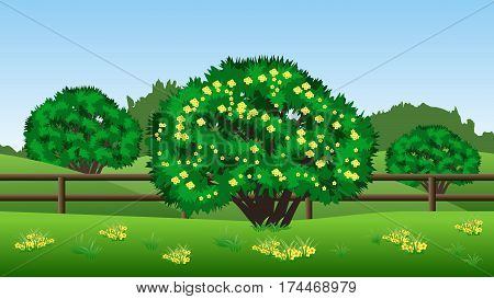 Summer landscape background. Scene with green trees hills grass and yellow flowers. Horizontally seamless can be used in game asset. Vector illustration