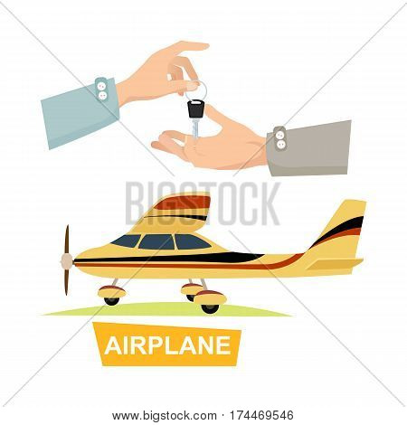 Airpane and hand passing key vector in flat style. Process of buying or renting airplane. Illustration of giving key and isolated yellow plane on white. Sales agreement marketing in cartoon design.