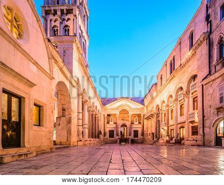 Scenic evening view at historic square Peristil in front of St. Domnius bell tower in town Split, popular touristic destination in Croatia, Europe.