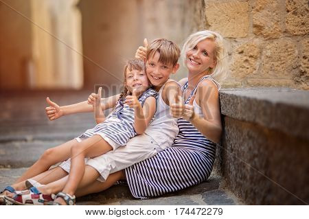 Family vacation tourism concept. Family closeup portrait