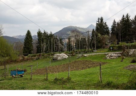 Montsegur village houses and mountains in French Pyrenees