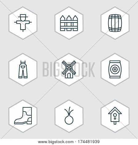 Set Of 9 Garden Icons. Includes Mill, Bugbear, Rubber Boot And Other Symbols. Beautiful Design Elements.