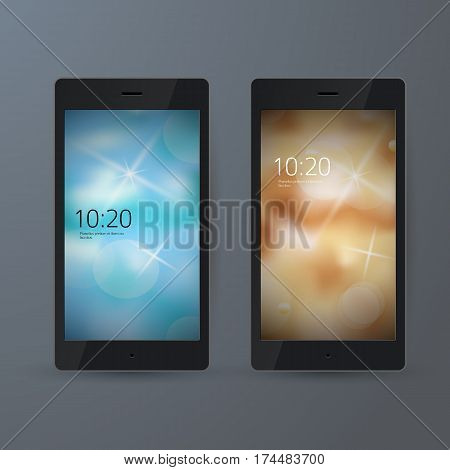 Set of 2 elegant Mobile Phone interface wallpaper design. Vector illustration EPS 10 black smartphone on gray background element for Business Presentations Application Cover and Web Site Design