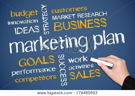 Marketing Plan - female hand writing text on blue background