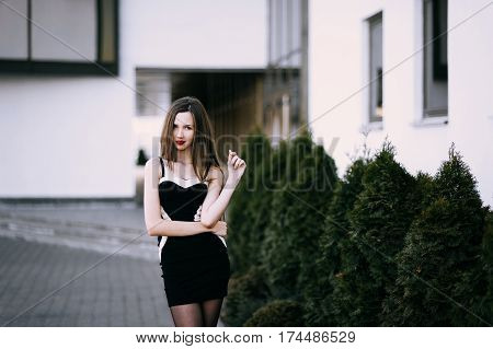 Autumn Outdoor Porttrait Of Young Pretty Elegant Girl Posing .