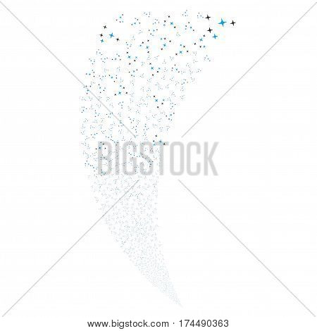 Space Stars random fireworks stream. Vector illustration style is flat blue and gray iconic symbols on a white background. Object fountain organized from scattered symbols.