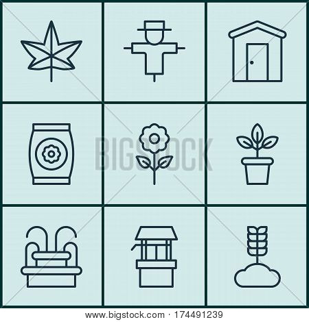 Set Of 9 Agriculture Icons. Includes Water Monument, Autumn Plant, Bugbear And Other Symbols. Beautiful Design Elements.