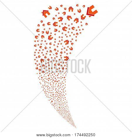 Home random fireworks stream. Vector illustration style is flat intensive red and orange iconic symbols on a white background. Object fountain organized from scattered icons.