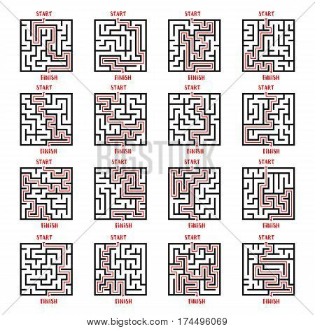 Maze Game with solution set. Labyrinth with Entry and Exit. Find the Way Out Business Path Concept. Transportation Logistics Abstract Background. Vector Illustration.