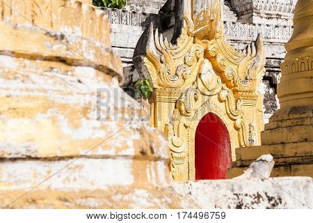A detail of one of the many Shan stupas in the village of Thaung Tho in the Shan state of Burma on the Inle Lake