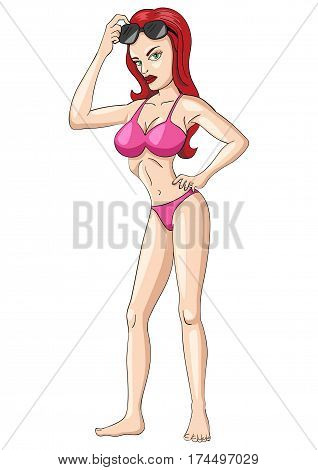 Cartoon illustration of a sexy girl in pink bikini