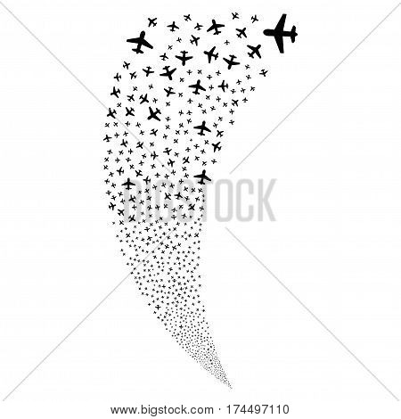 Airplane random fireworks stream. Vector illustration style is flat black iconic symbols on a white background. Object fountain created from scattered icons.