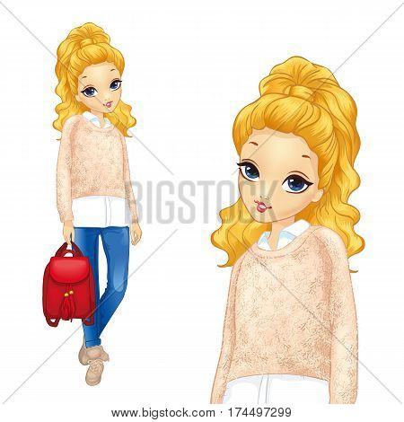 Vector illustration of pretty girl in jeans holding a red backpack
