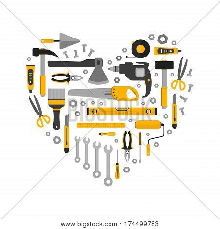 Flat set of working tools in heart shape. Icons design elements. Construction and home repair instruments. Hand drill glue screwdriver saw pliers level hammer scissors. Vector illustration