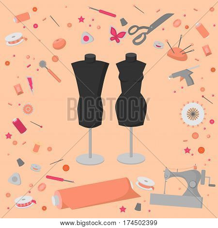 Sewing workshop equipment. Flat tailor shop design elements. Tailoring industry dressmaking tools icons. Fashion designer sew items.