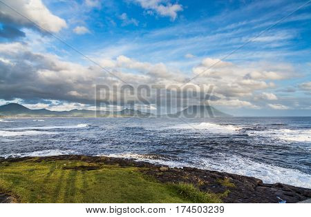 Beautiful Clouds And Ocean With Mt. Kaimon Volcano, Kagoshima, Kyushu, Japan.