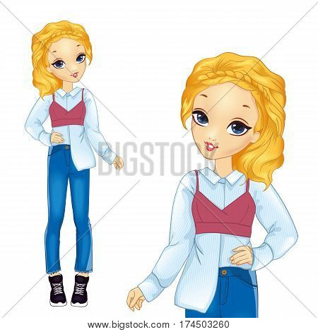 Vector illustration of beautiful teenager girl in stylish shirt and blue jeens