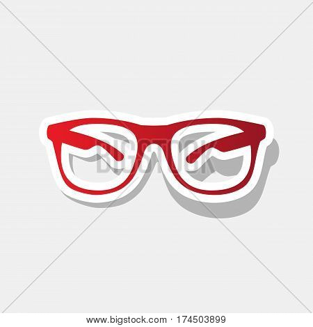 Sunglasses sign illustration. Vector. New year reddish icon with outside stroke and gray shadow on light gray background.