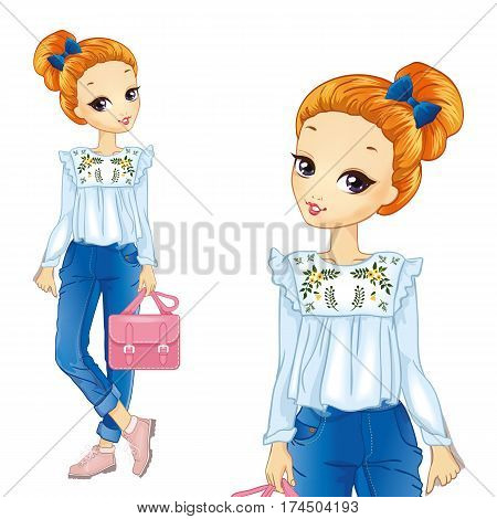Vector illustration of beautiful teenager girl in a shirt with embroidery