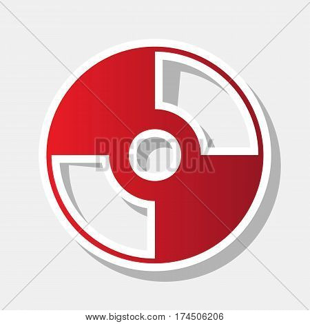 Vector CD or DVD sign. Vector. New year reddish icon with outside stroke and gray shadow on light gray background.