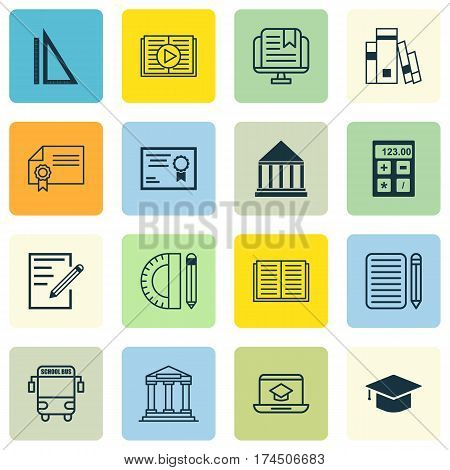 Set Of 16 School Icons. Includes Paper, Education Center, Library And Other Symbols. Beautiful Design Elements.