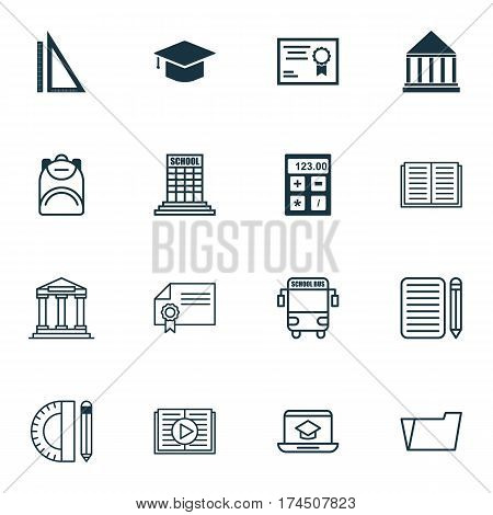 Set Of 16 School Icons. Includes Education Center, Distance Learning, Diploma And Other Symbols. Beautiful Design Elements.