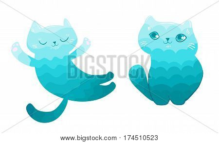 Two blue cute kittens, vector cat set, color gradient