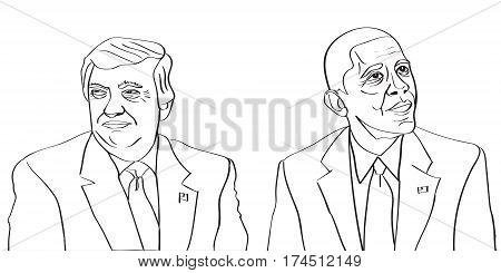 04 March, 2017: Donald Trump current US President is sitting next to previous US President Barack Obama vector drawing