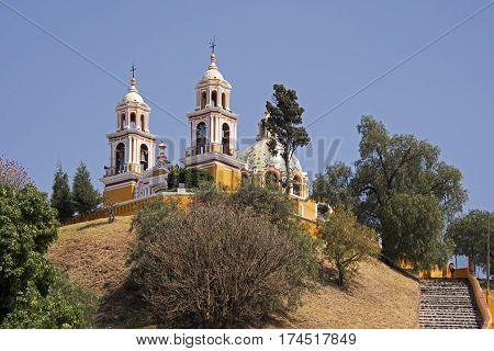 Ancient church on top of a pre Columbian pyramid in Cholula Mexico