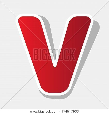 Letter V sign design template element. Vector. New year reddish icon with outside stroke and gray shadow on light gray background.