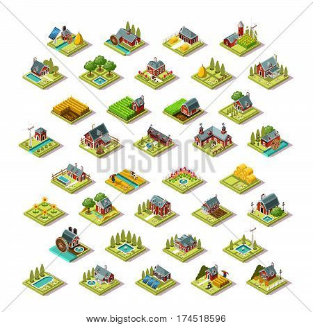 Isometric farm house building stuff farming agriculture scene 3D icon set collection vector illustration