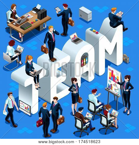 Team Group of Diverse Isometric Business People. 3D meeting infograph crowd with standing walking casual people icon set. Conference handshake hand shake lot collection vector illustration