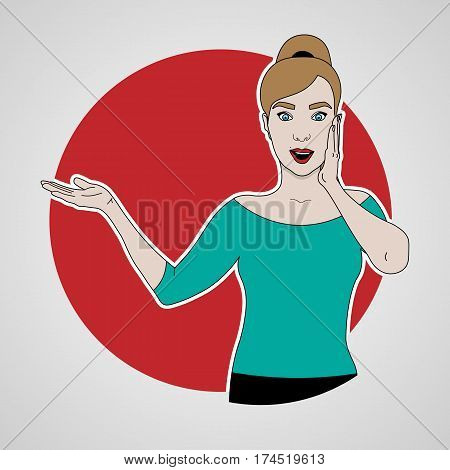 vector illustration of girl in full-length is surprised and shows and smiling to the left side