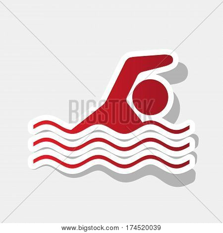 Swimming water sport sign. Vector. New year reddish icon with outside stroke and gray shadow on light gray background.