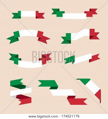 Vector set of skrolled isolated ribbons or banners in colors of Italian flag.