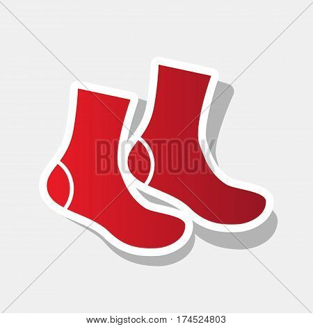 Socks sign. Vector. New year reddish icon with outside stroke and gray shadow on light gray background.