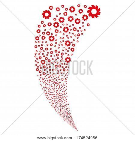 Turbine random fireworks stream. Vector illustration style is flat intensive red iconic symbols on a white background. Object fountain combined from scattered icons.