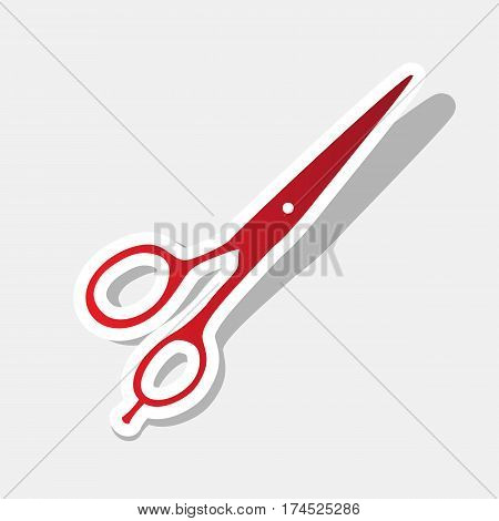 Hair cutting scissors sign. Vector. New year reddish icon with outside stroke and gray shadow on light gray background.