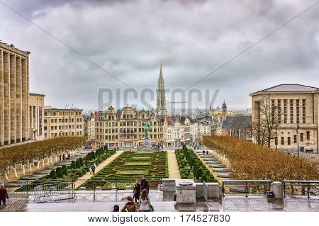 BRUSSELS, BELGIUM - JANUARY 05, 2013 : Jardin du Mont des Arts looking towards Grand Place and Tower of Brussels City Hall, Brussels, Belgium