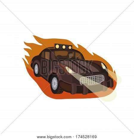Car races racing at high speed towards its target leaving a flame of fire and lights the road lights