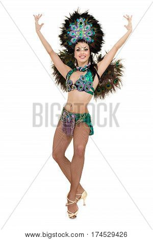 one caucasian woman samba dancer dancing isolated on white background in full length