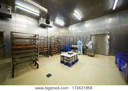 MOSCOW, RUSSIA - MAY 18, 2016: Workers pack fish in work shop of Russian Fish Factory. Russian Fish Factory is the company on the harvesting and processing of fish and seafood.